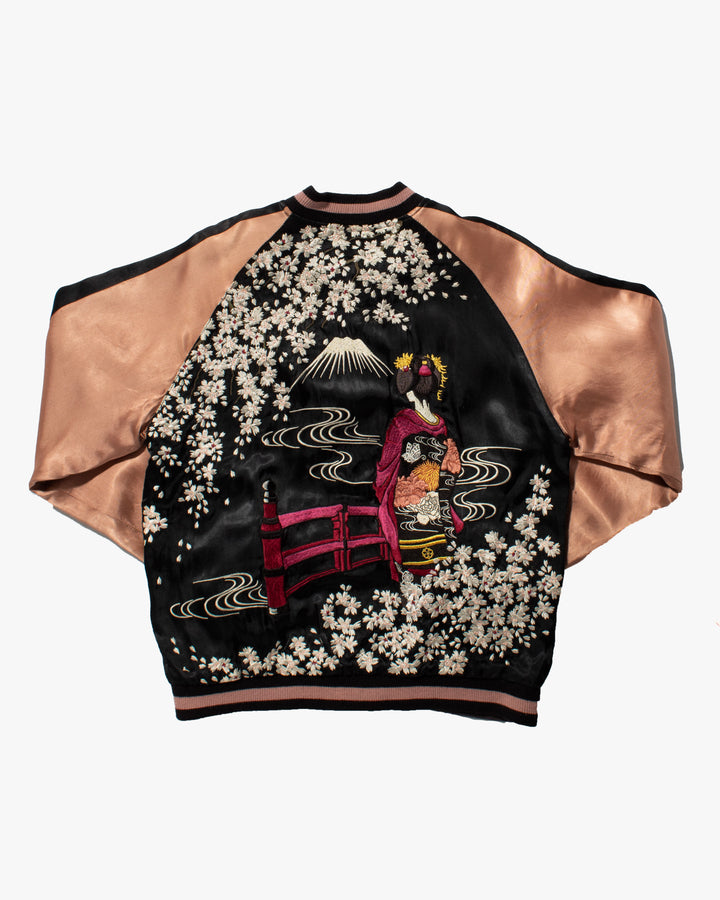 Japanese Repro Souvenir Jacket, Reversible, Black and Gray Cherry Blossoms and Mt. Fuji - M