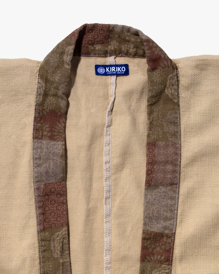 Kiriko Original Jacket, Modern Noragi, Ecru Overdyed with Multi Patchwork, Azuki and Gold