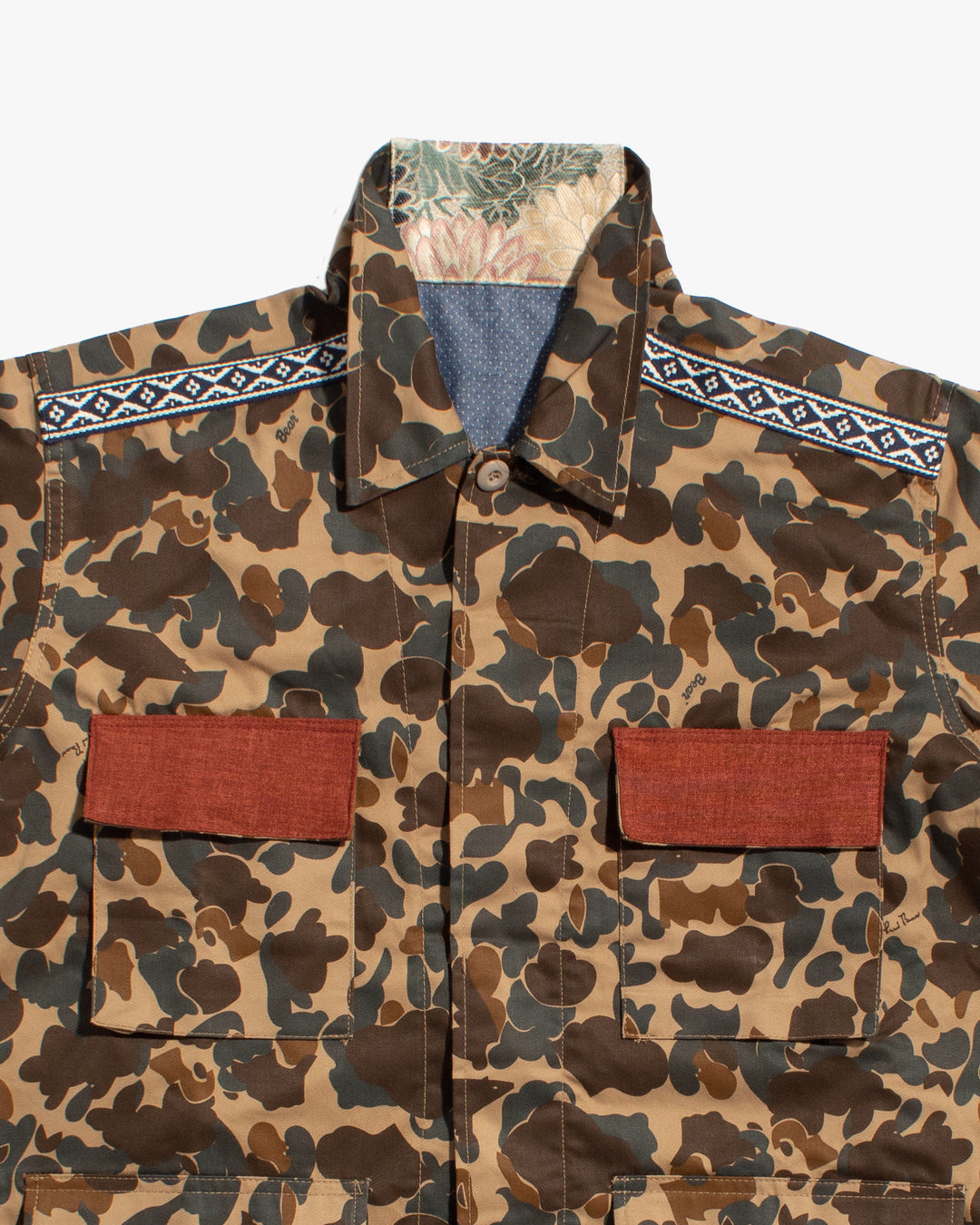 Kiriko Custom Military Jacket, Camo Patched, Crane and Chrysanthemum Obi with Hishi Webbing, Shippou, Asanoha, and Rust Pocket Flaps
