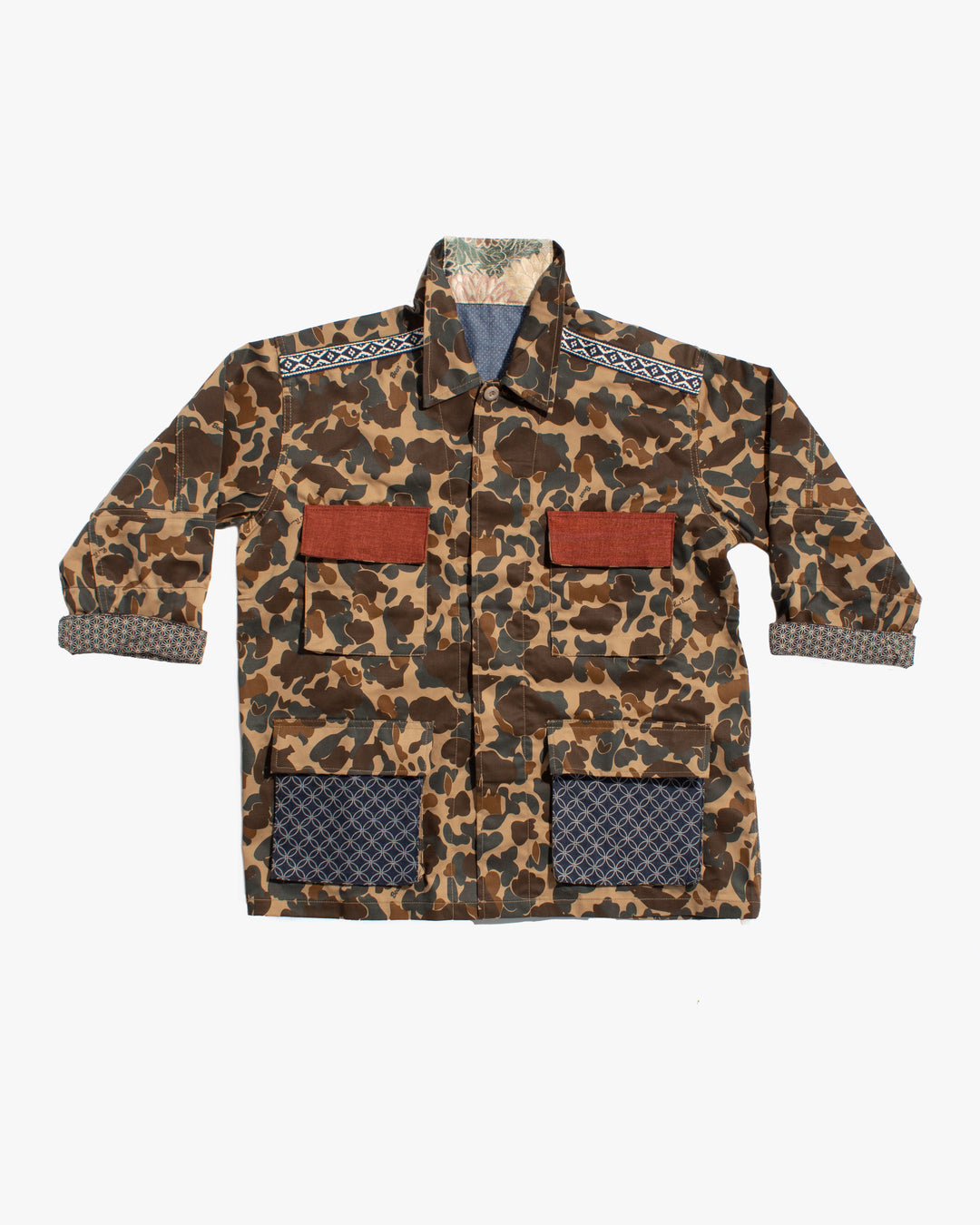 Kiriko Custom Military Jacket, Camo Patched, Crane and Chrysanthemum Obi with Hishi Webbing, Shippou, Asanoha, and Rust Pocket Flaps