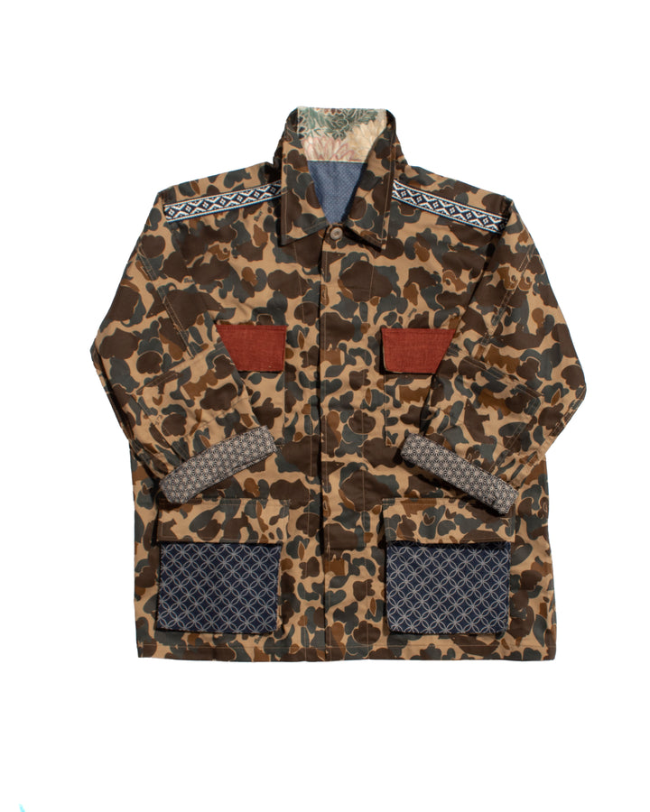 Kiriko Custom Military Jacket, Camo Patched, Crane and Chrysanthemum Obi with Hishi Webbing, Shippou, Asanoha, and Rust Pocket Flaps
