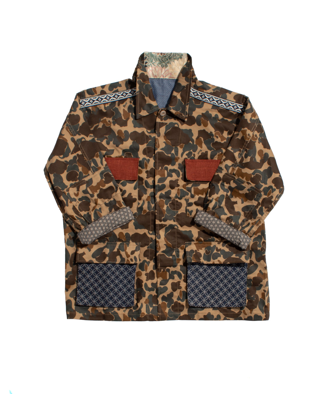 Kiriko Custom Military Jacket, Camo Patched, Crane and Chrysanthemum Obi with Hishi Webbing, Shippou, Asanoha, and Rust Pocket Flaps