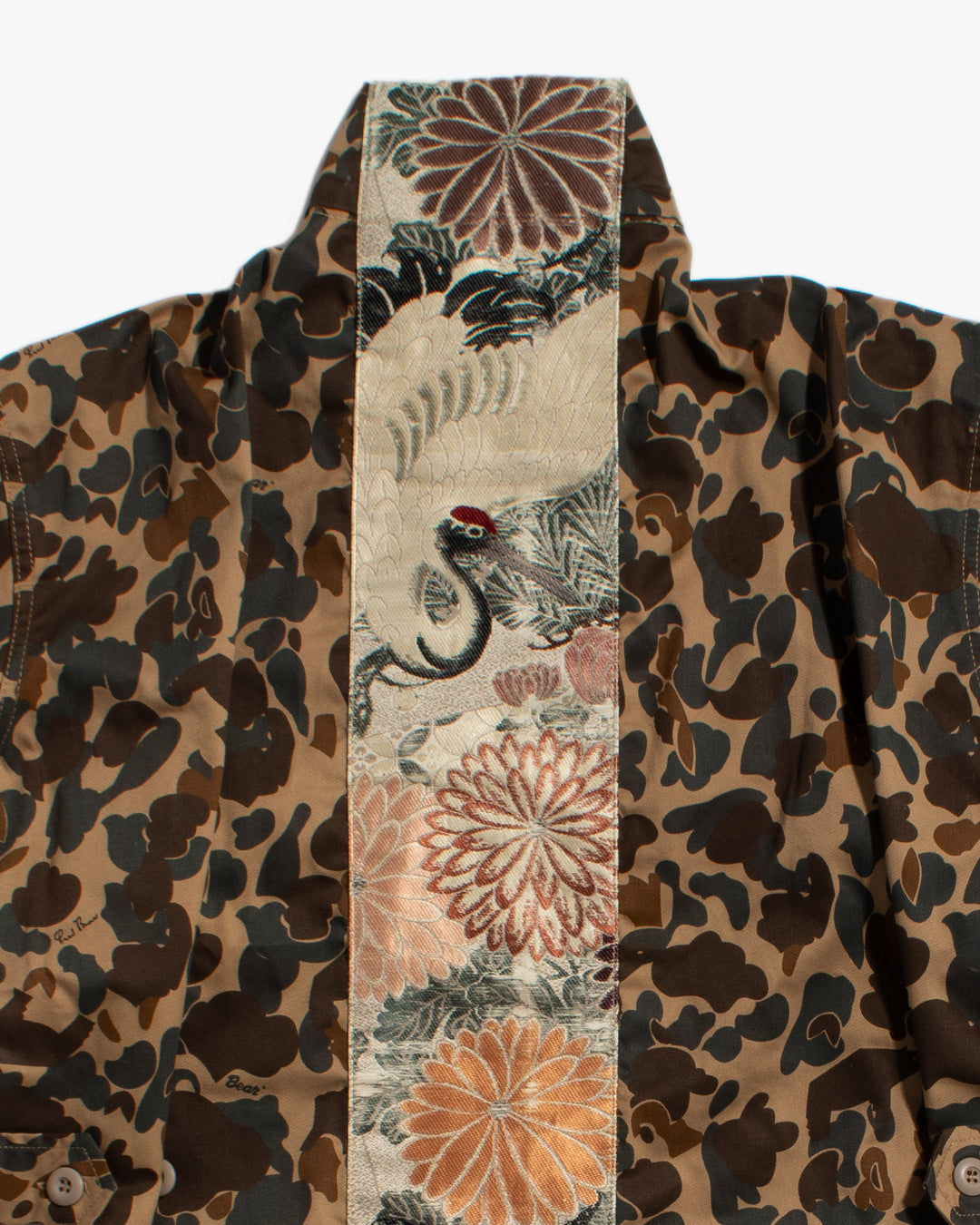 Kiriko Custom Military Jacket, Camo Patched, Crane and Chrysanthemum Obi with Hishi Webbing, Shippou, Asanoha, and Rust Pocket Flaps