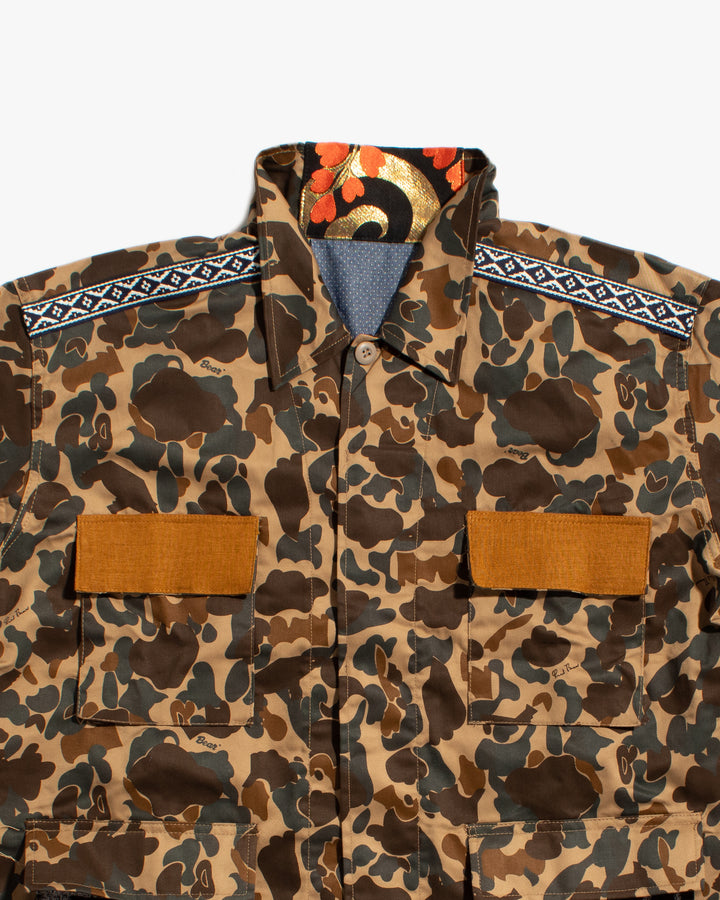 Kiriko Custom Military Jacket, Camo Patched, Kiri Karakusa Obi with Hishi Webbing, Asanoha, and Orange Pocket Flaps
