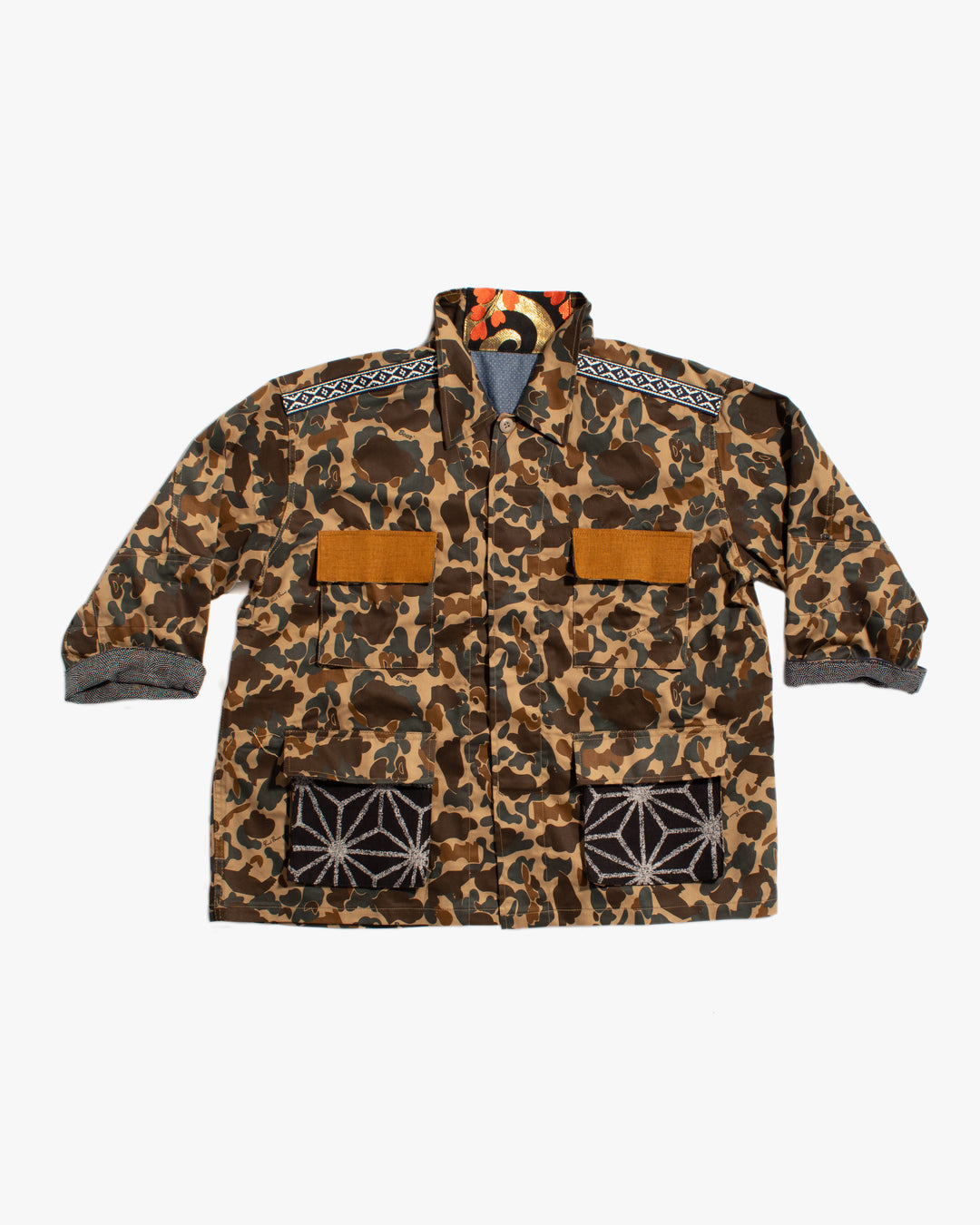 Kiriko Custom Military Jacket, Camo Patched, Kiri Karakusa Obi with Hishi Webbing, Asanoha, and Orange Pocket Flaps