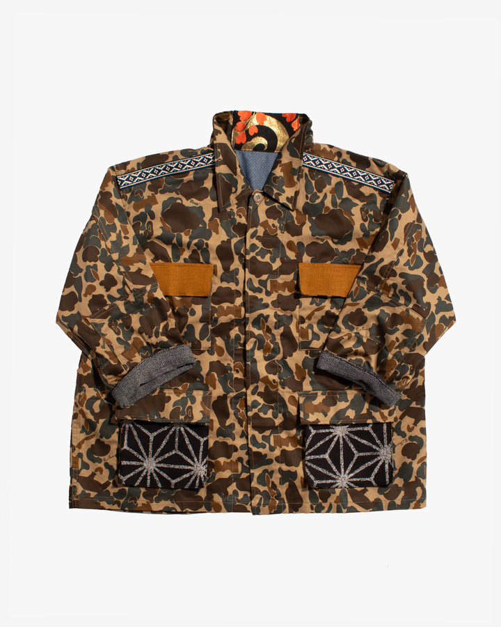 Kiriko Custom Military Jacket, Camo Patched, Kiri Karakusa Obi with Hishi Webbing, Asanoha, and Orange Pocket Flaps