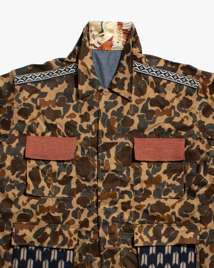 Kiriko Custom Military Jacket, Camo Patched, Double Crane Obi with Hishi Webbing, Yagasuri and Orange Pocket Flaps
