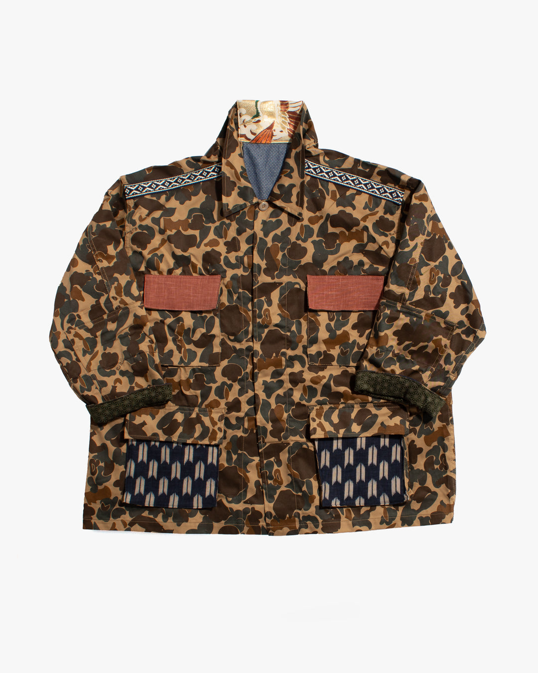 Kiriko Custom Military Jacket, Camo Patched, Double Crane Obi with Hishi Webbing, Yagasuri and Orange Pocket Flaps