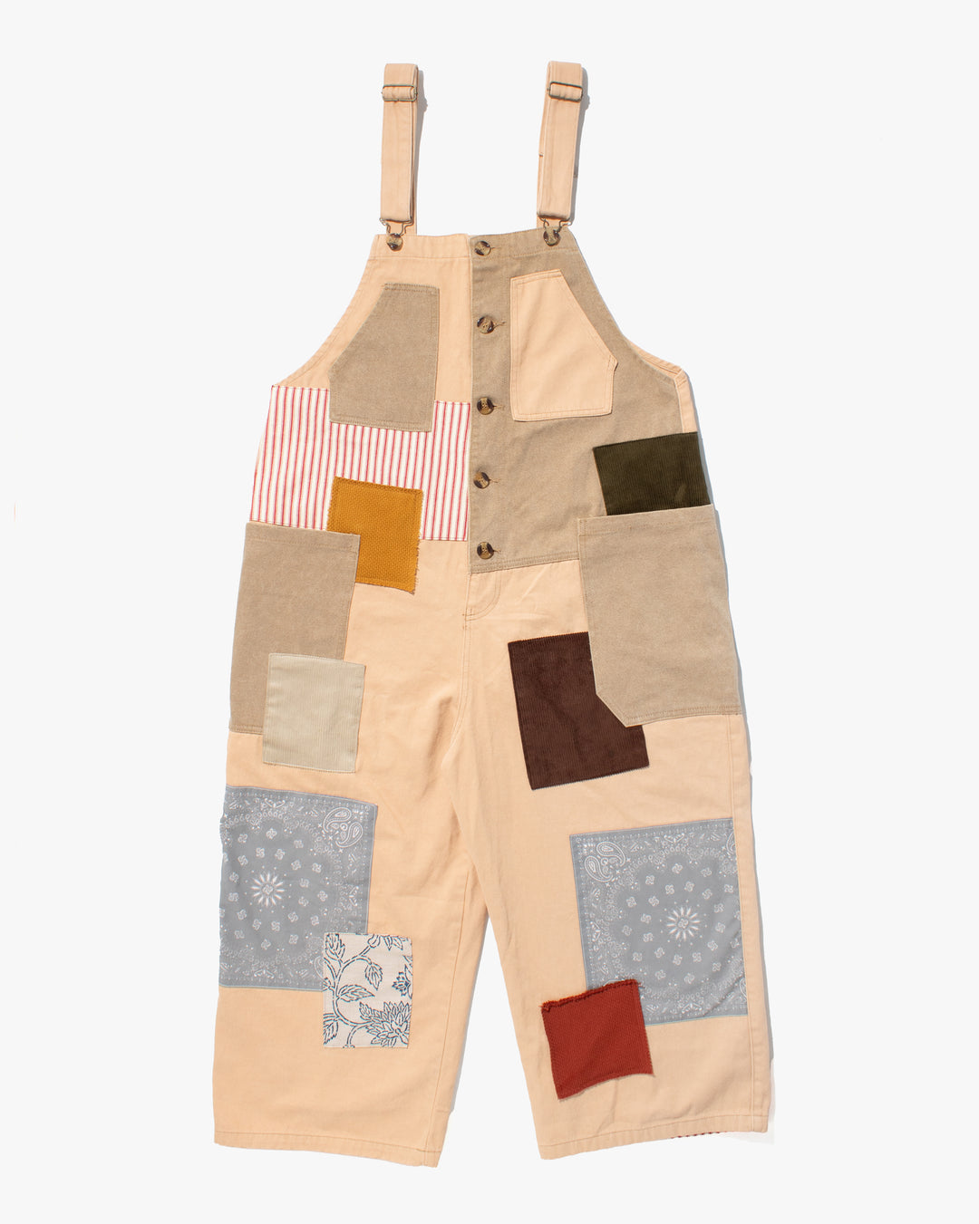 Kiriko Custom Patched Overalls, Colorblock Canvas, Tan
