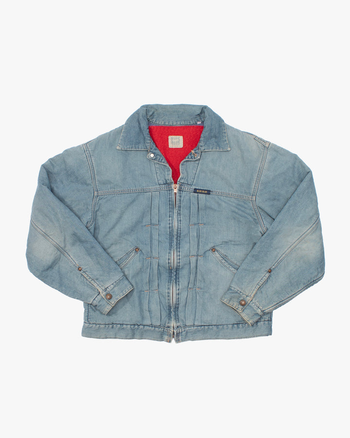 Japanese Repro Denim Jacket, L, Blue Blue, Zippered with Red Lining