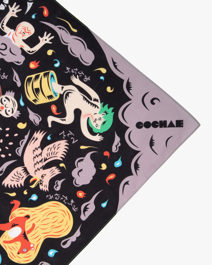 Modern Furoshiki, Musubi, Cochae, Japanese Folktales, Night Parade of One Hundred Demons 27.5" x 27.5"