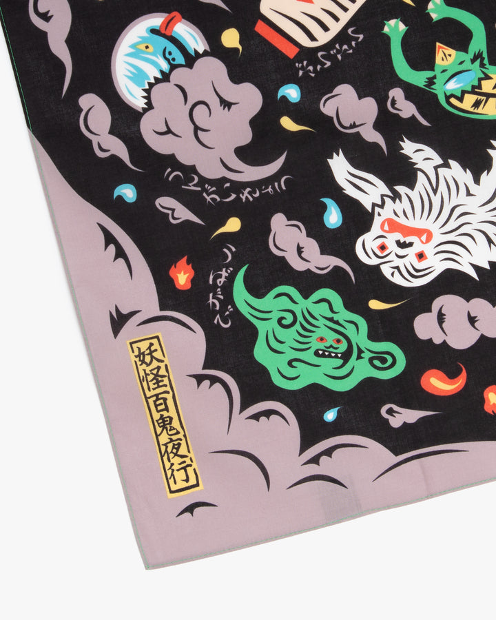Modern Furoshiki, Musubi, Cochae, Japanese Folktales, Night Parade of One Hundred Demons 27.5" x 27.5"