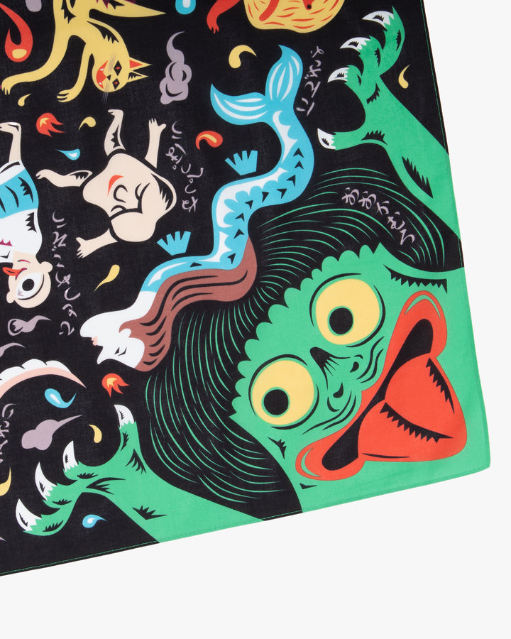 Modern Furoshiki, Musubi, Cochae, Japanese Folktales, Night Parade of One Hundred Demons 27.5" x 27.5"