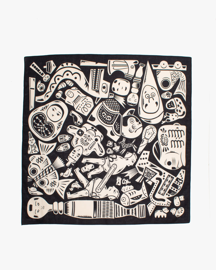 Modern Furoshiki, Musubi, Cochae, Japanese Folk Toys, Black 39" x 39"