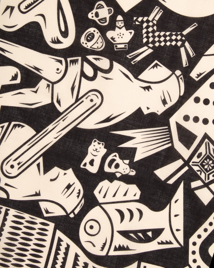 Modern Furoshiki, Musubi, Cochae, Japanese Folk Toys, Black 39" x 39"