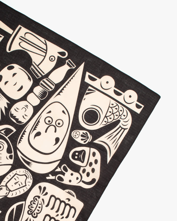 Modern Furoshiki, Musubi, Cochae, Japanese Folk Toys, Black 39" x 39"