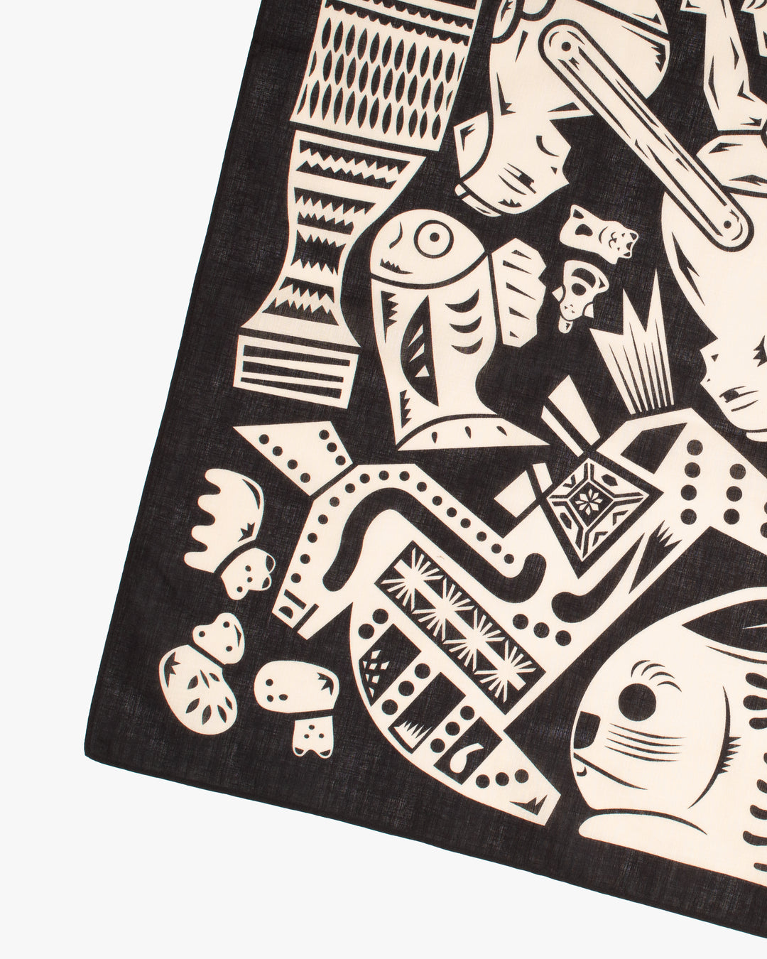 Modern Furoshiki, Musubi, Cochae, Japanese Folk Toys, Black 39" x 39"