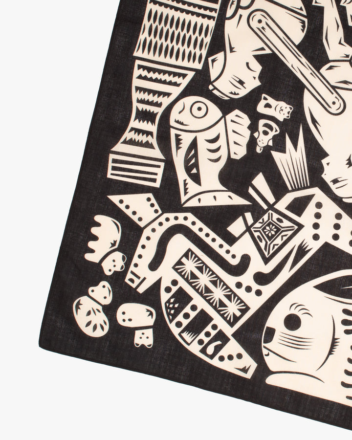 Modern Furoshiki, Musubi, Cochae, Japanese Folk Toys, Black 39" x 39"