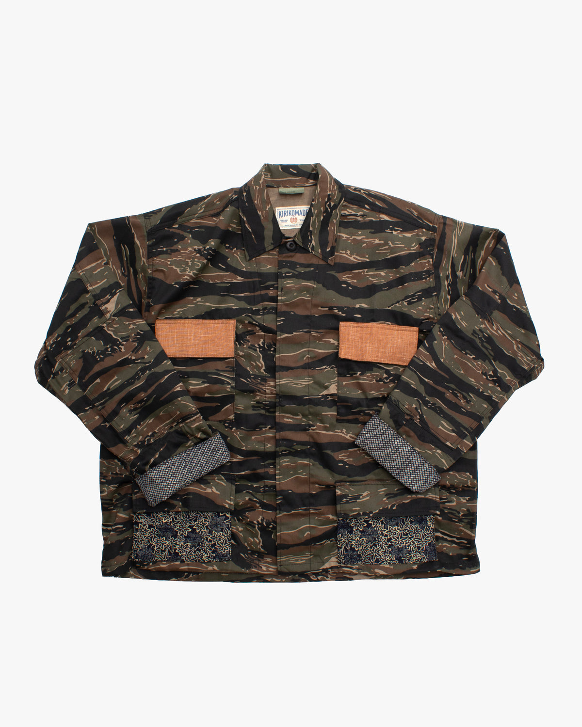 Kiriko Custom Cropped Military Jacket, Camo Patched, Phoenix Obi and Indigo Momiji with Persimmon Pockets Flaps