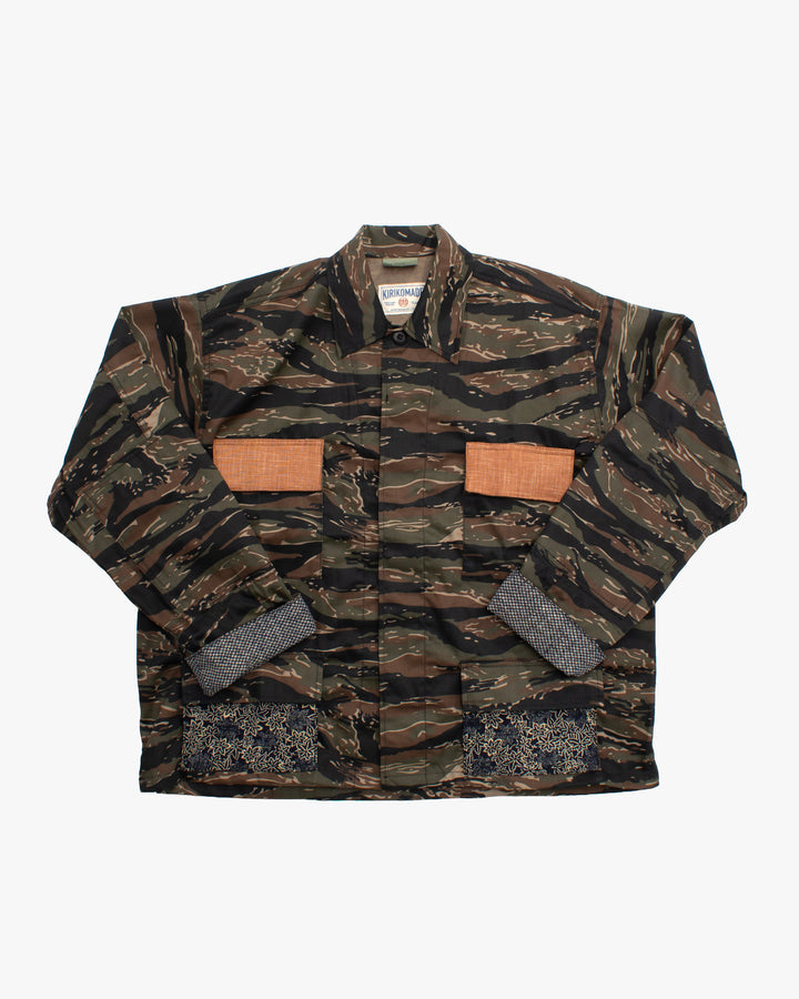 Kiriko Custom Cropped Military Jacket, Camo Patched, Phoenix Obi and Indigo Momiji with Persimmon Pockets Flaps