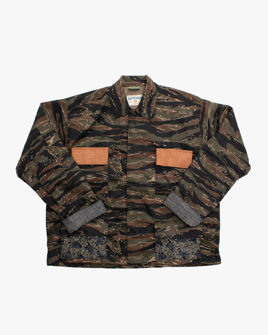 Kiriko Custom Cropped Military Jacket, Camo Patched, Phoenix Obi and Indigo Momiji with Persimmon Pockets Flaps