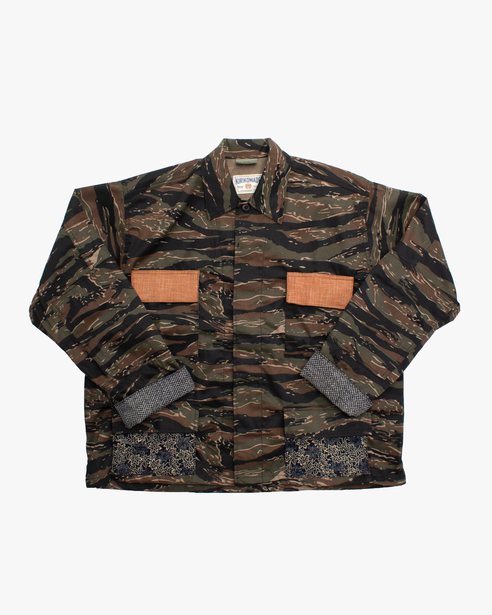 Kiriko Custom Cropped Military Jacket, Camo Patched, Phoenix Obi and Indigo Momiji with Persimmon Pockets Flaps