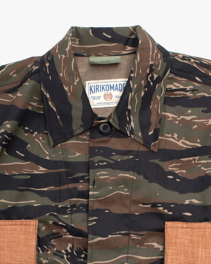 Kiriko Custom Cropped Military Jacket, Camo Patched, Phoenix Obi and Indigo Momiji with Persimmon Pockets Flaps
