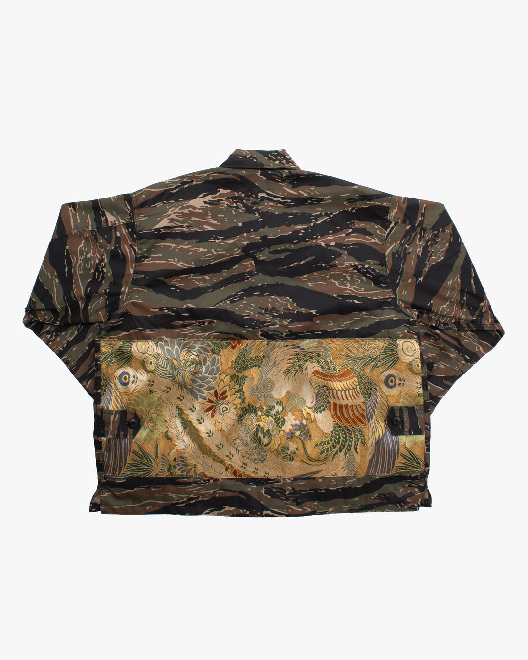 Kiriko Custom Cropped Military Jacket, Camo Patched, Phoenix Obi and Indigo Momiji with Persimmon Pockets Flaps