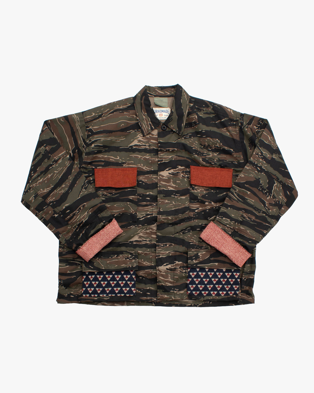 Kiriko Custom Cropped Military Jacket, Camo Patched, Phoenix Obi and Indigo Uroko with Rust Pockets Flaps