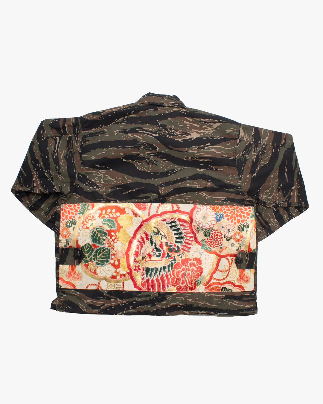 Kiriko Custom Cropped Military Jacket, Camo Patched, Phoenix Obi and Indigo Uroko with Rust Pockets Flaps