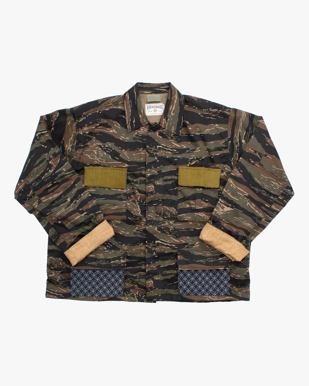 Kiriko Custom Cropped Military Jacket, Camo Patched, Peacock Obi and Indigo Shippou with Matsuba Green Pockets Flaps