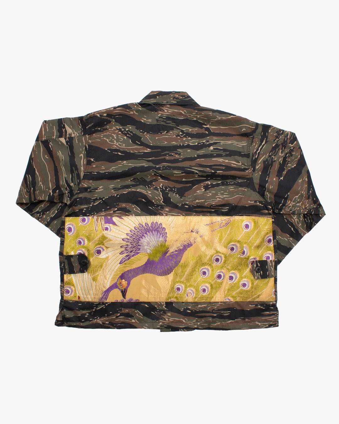 Kiriko Custom Cropped Military Jacket, Camo Patched, Peacock Obi and Indigo Shippou with Matsuba Green Pockets Flaps