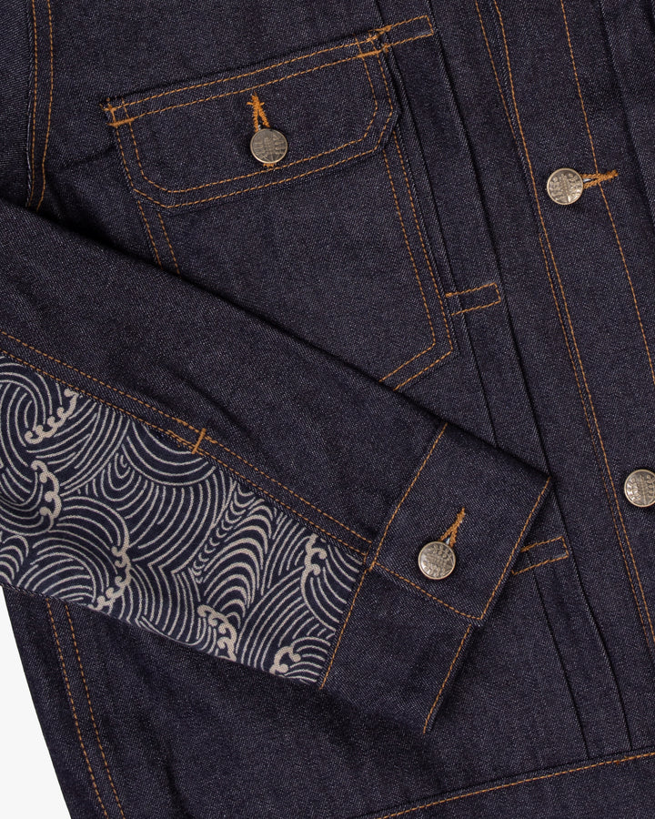 Kiriko Original Type II Denim Trucker Jacket, Trimmed with Patched Nami Fabric, Raw Denim