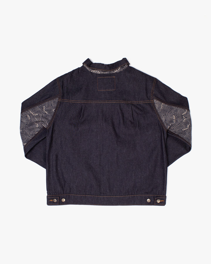 Kiriko Original Type II Denim Trucker Jacket, Trimmed with Patched Nami Fabric, Raw Denim