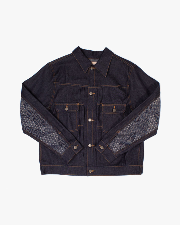 Kiriko Original Type II Denim Trucker Jacket, Trimmed with Patched Multi Fabric, Raw Denim