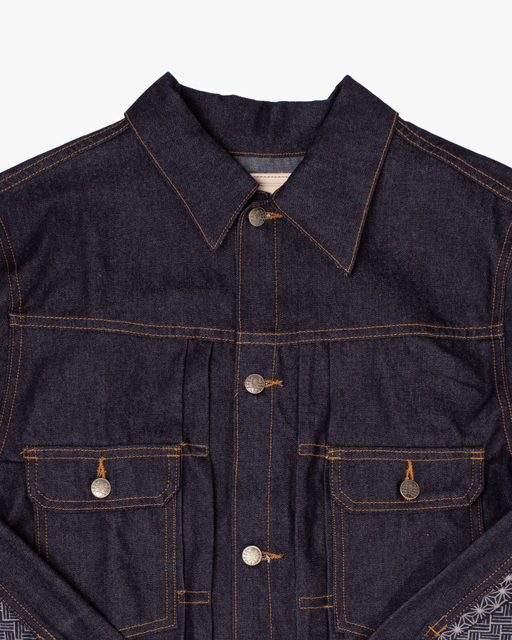 Kiriko Original Type II Denim Trucker Jacket, Trimmed with Patched Multi Fabric, Raw Denim