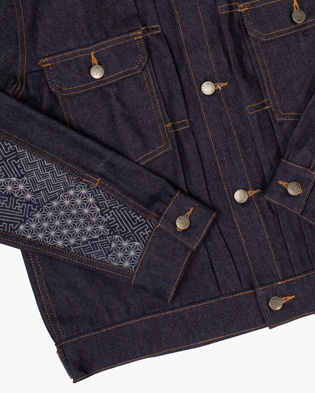 Kiriko Original Type II Denim Trucker Jacket, Trimmed with Patched Multi Fabric, Raw Denim