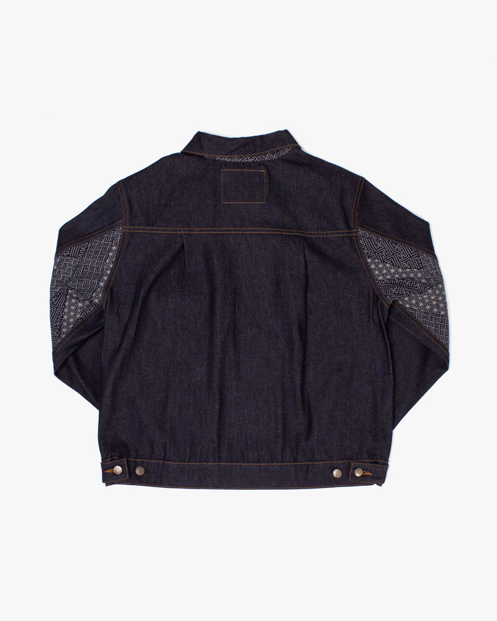 Kiriko Original Type II Denim Trucker Jacket, Trimmed with Patched Multi Fabric, Raw Denim