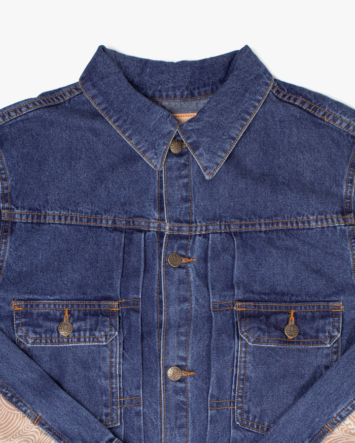 Kiriko Original Type II Denim Trucker Jacket, Trimmed with Patched Nami Fabric, Bleached Denim