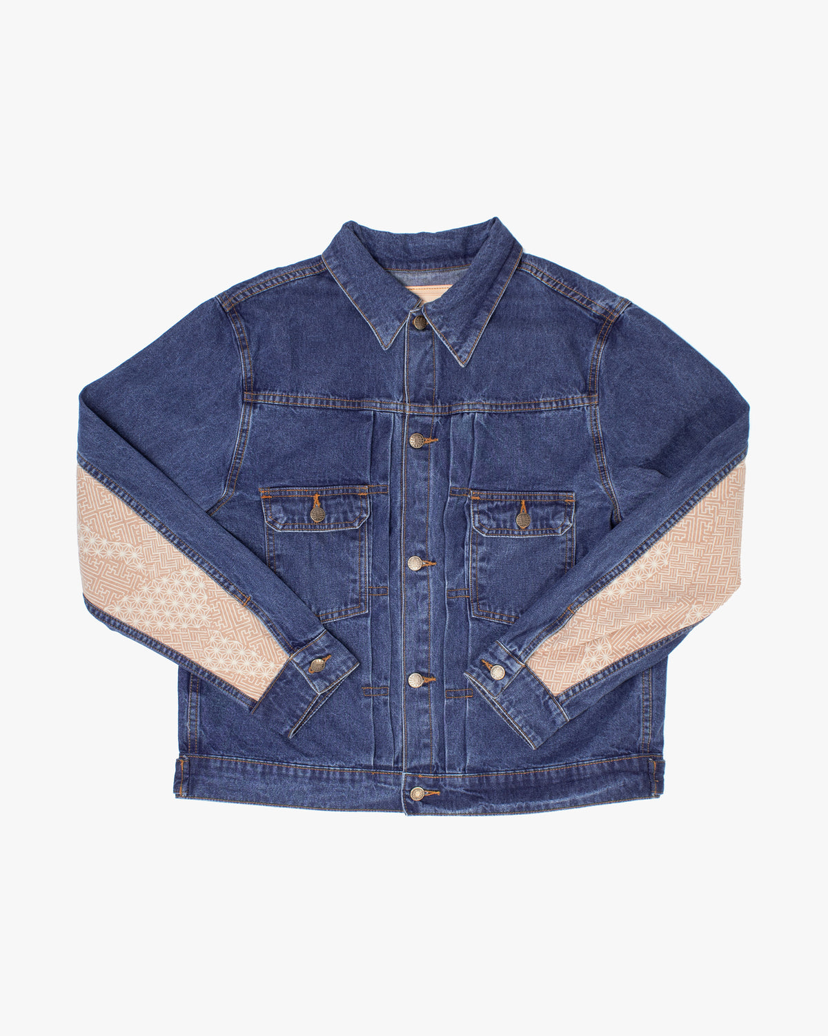 Kiriko Original Type II Denim Trucker Jacket, Trimmed with Patched Multi Fabric, Bleached Denim