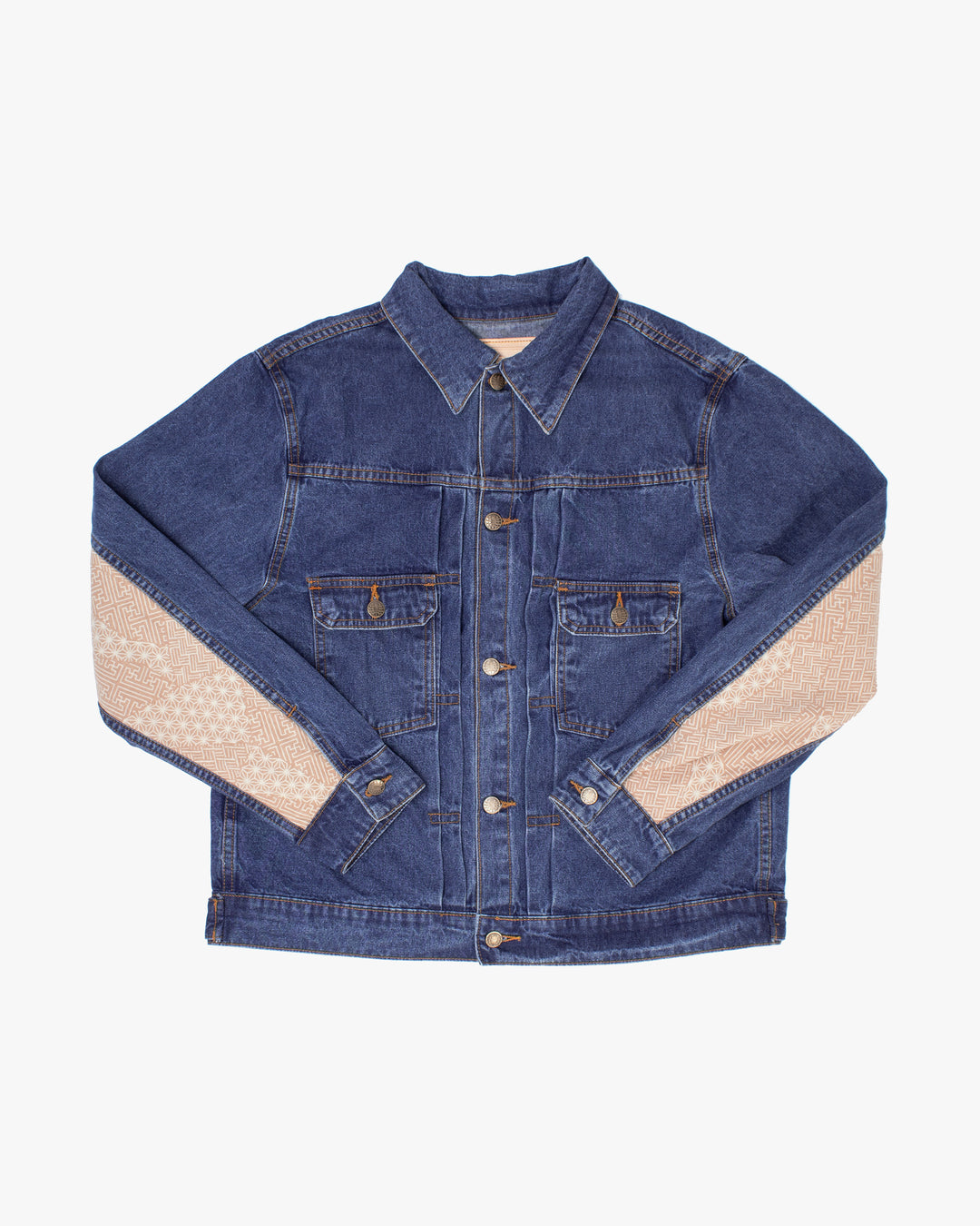 Kiriko Original Type II Denim Trucker Jacket, Trimmed with Patched Multi Fabric, Bleached Denim