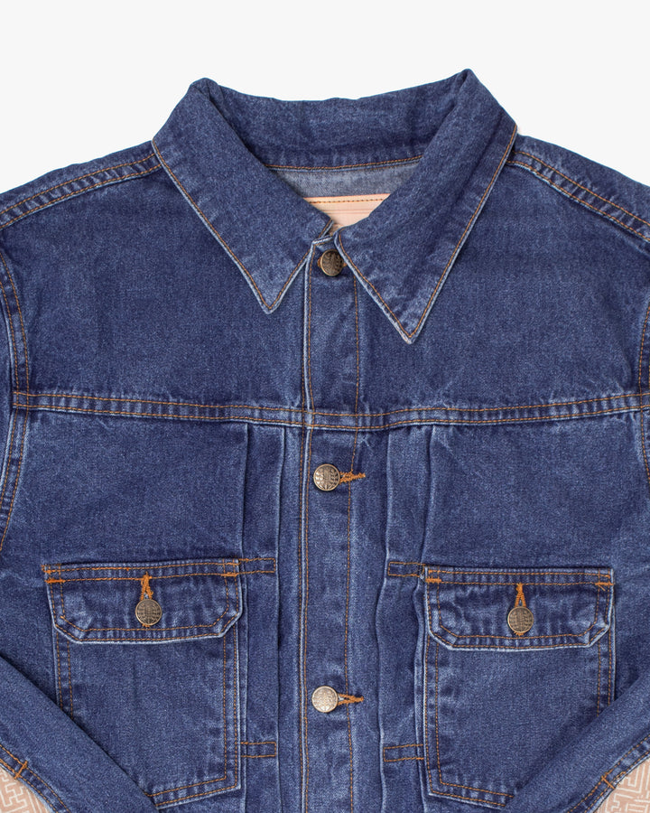 Kiriko Original Type II Denim Trucker Jacket, Trimmed with Patched Multi Fabric, Bleached Denim