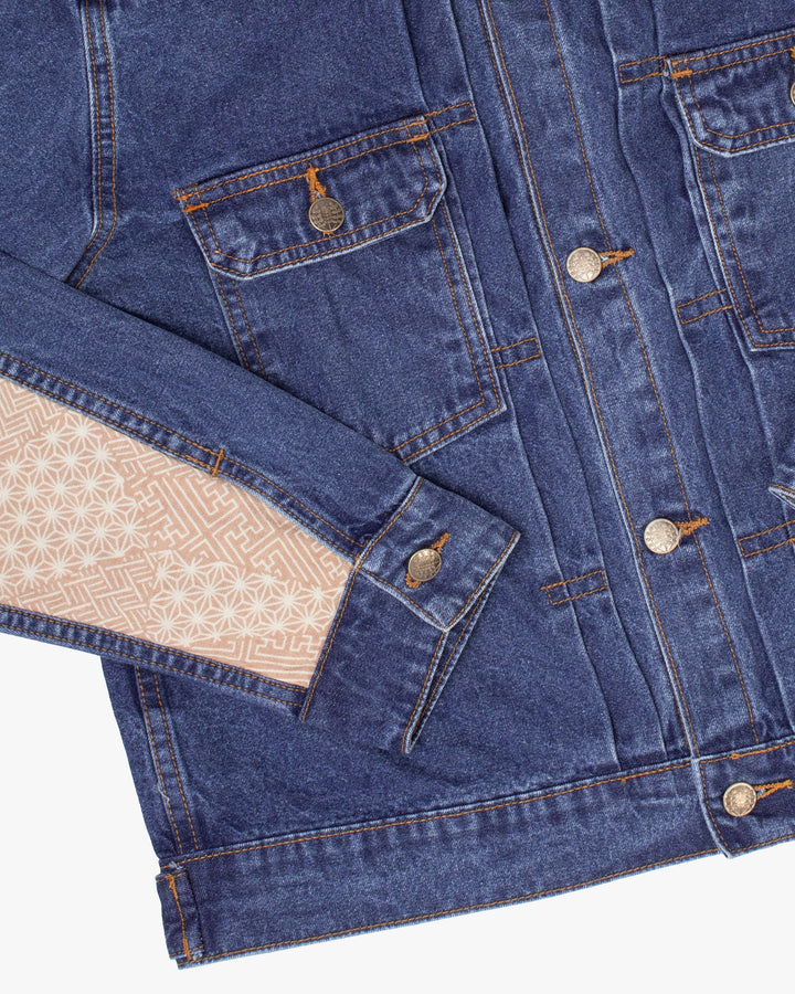 Kiriko Original Type II Denim Trucker Jacket, Trimmed with Patched Multi Fabric, Bleached Denim