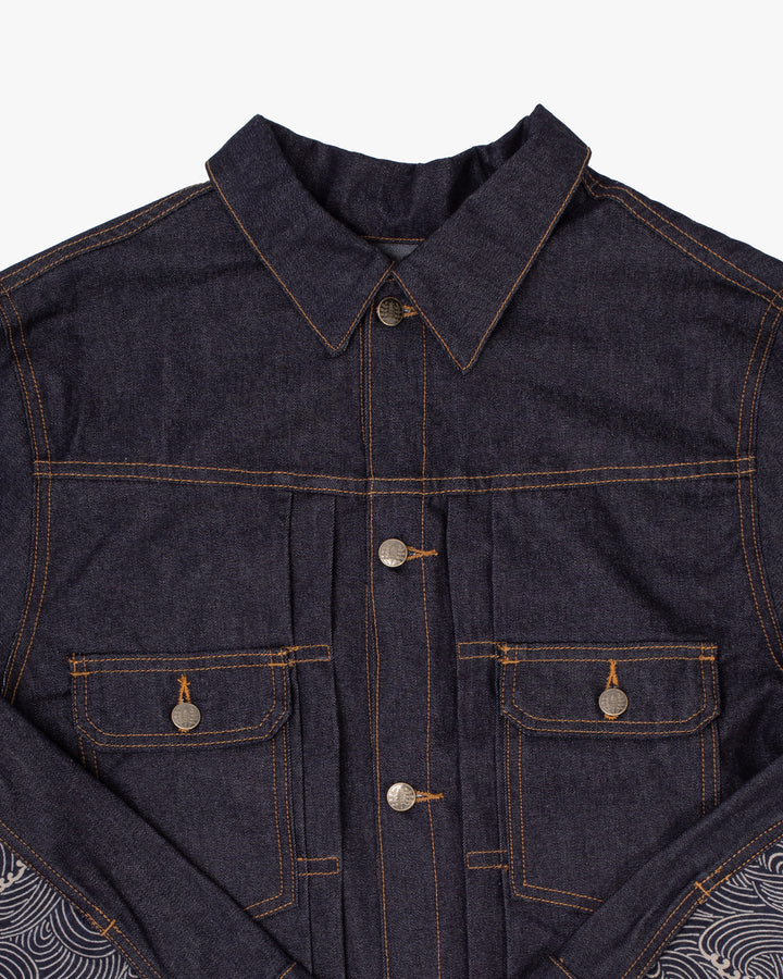 Kiriko Original Type II Denim Trucker Jacket, Trimmed with Patched Nami Fabric, Raw Denim