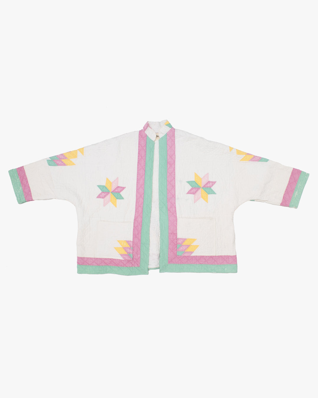 Stand-up Collar Haori Jacket, Quilted, White with Pastel Accents