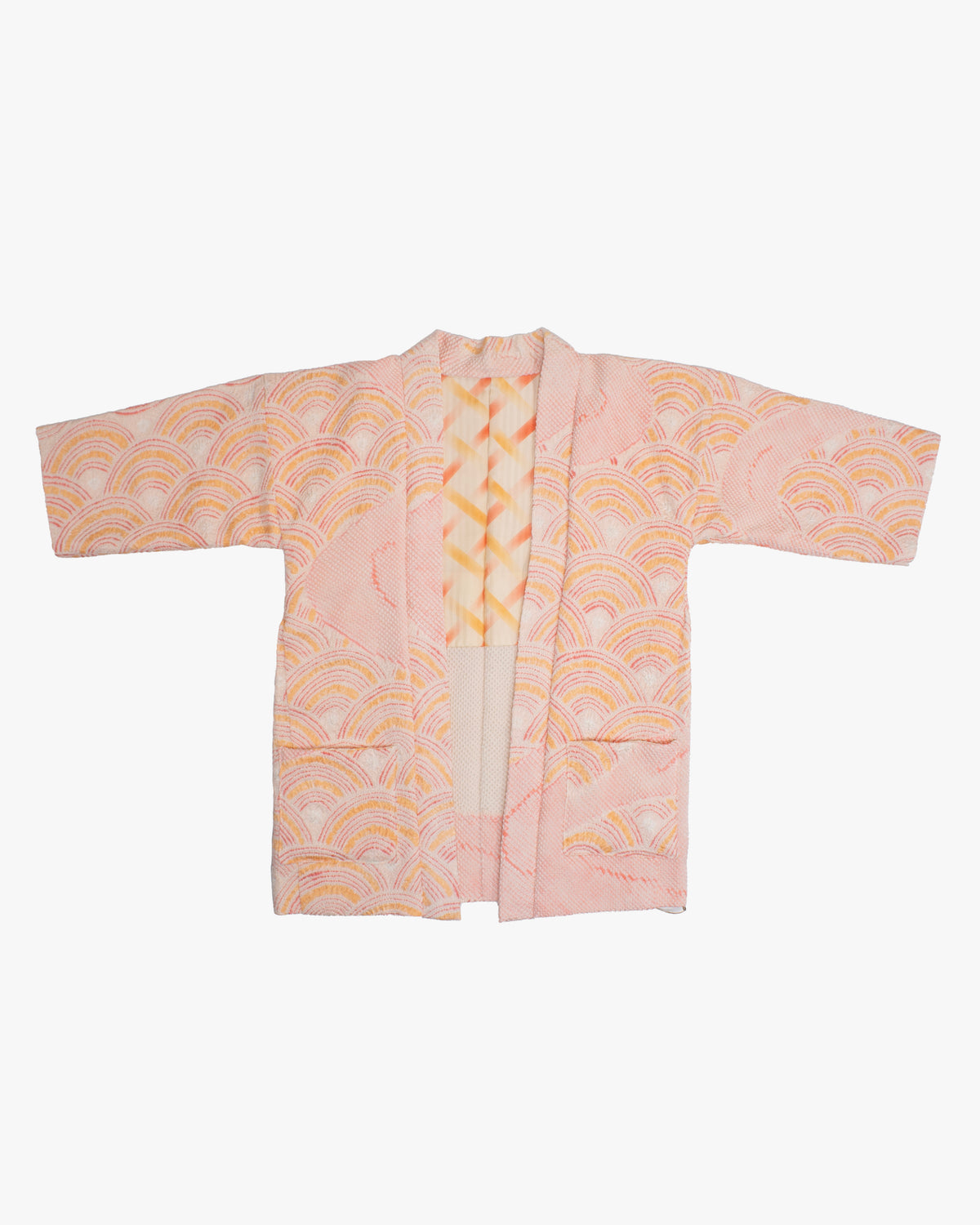 Kiriko Custom, Altered Haori Jacket, Full Shibori, Seigaiha, Light Pink and Orange