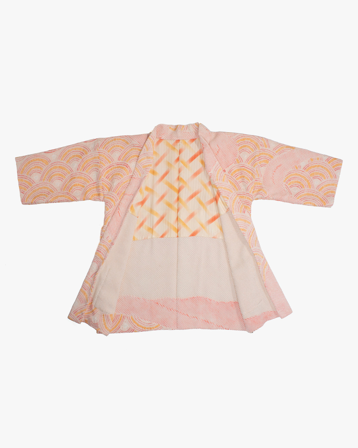 Kiriko Custom, Altered Haori Jacket, Full Shibori, Seigaiha, Light Pink and Orange