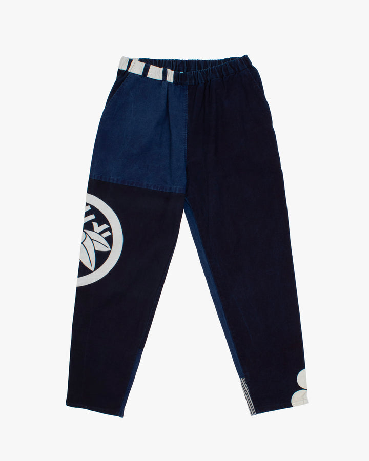 Modern Monpe Pants, Aizawa, Indigo with Kamon Crest and Shima