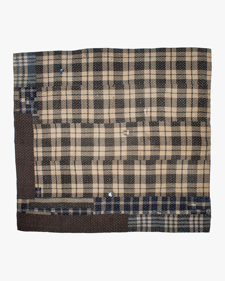 Vintage Boro Blanket, Indigo Patchwork and Warm Gray Plaid