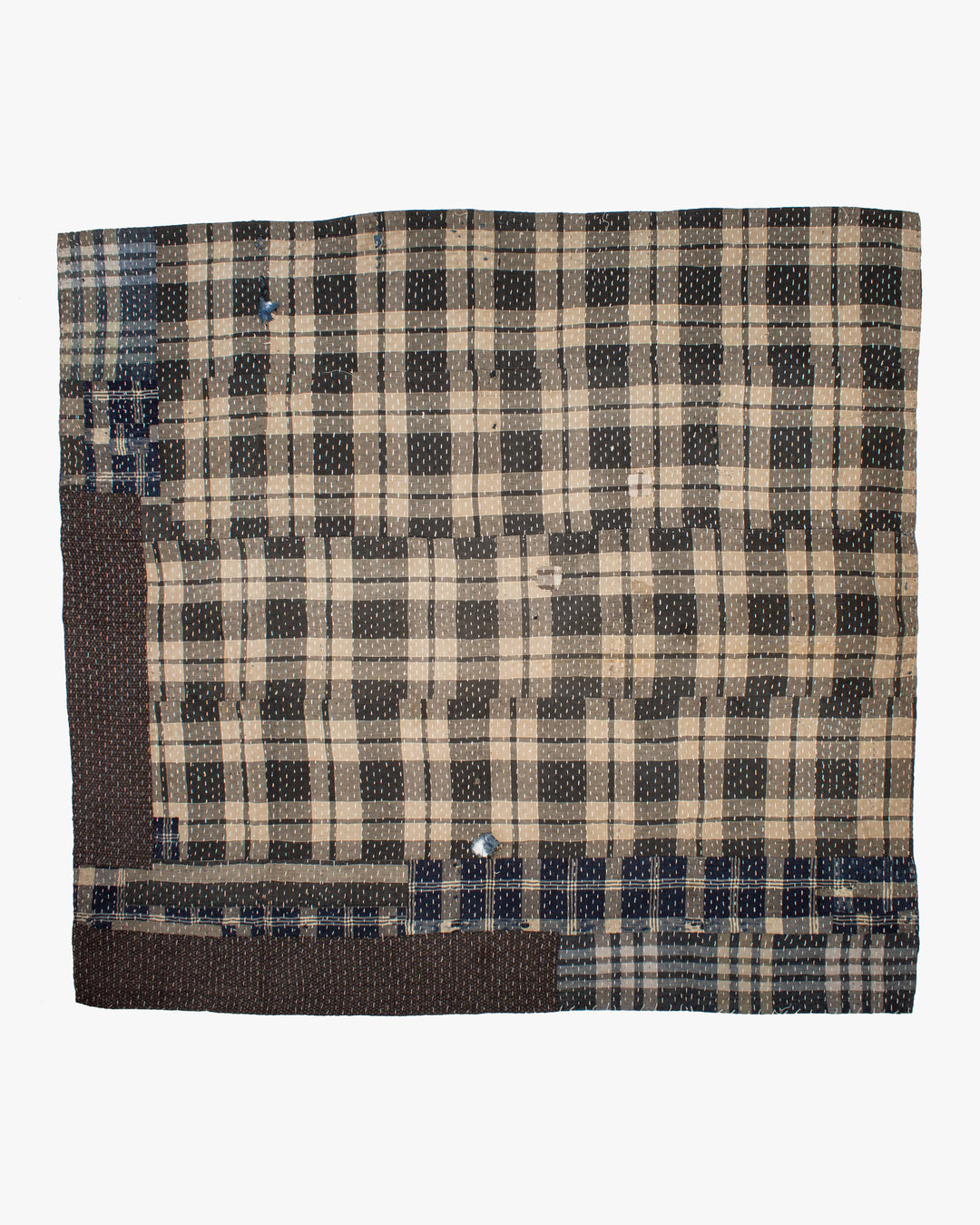 Vintage Boro Blanket, Indigo Patchwork and Warm Gray Plaid